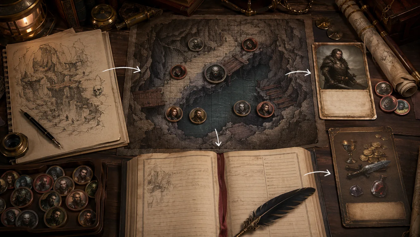 Playable AI encounter handoff showing a battlemap, circular tokens, NPC portrait, loot card, and recap ledger ready for a D&D session