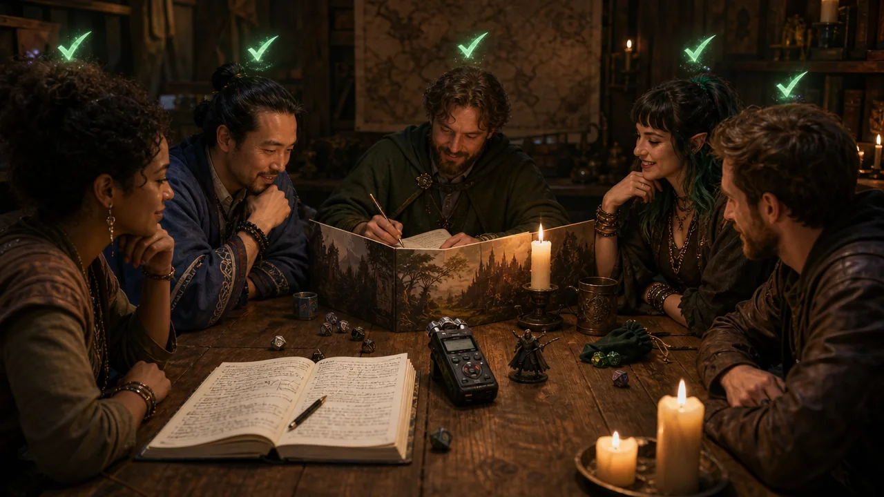 Consent-first D&D session notes workflow showing agreement, recording or rough notes, human recap review, and confirmed campaign memory