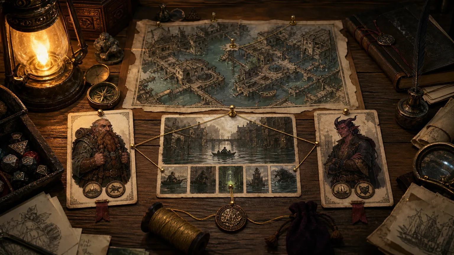D&D campaign memory board linking a reviewed session recap to recurring people, places, quest threads, and the next scene