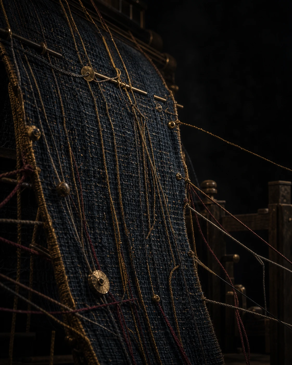 Close view of midnight-blue tapestry fibres, brass pins and linked threads