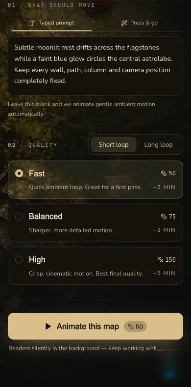 Animated Maps configuration shown in a narrow mobile layout with the prompt and generation options readable.