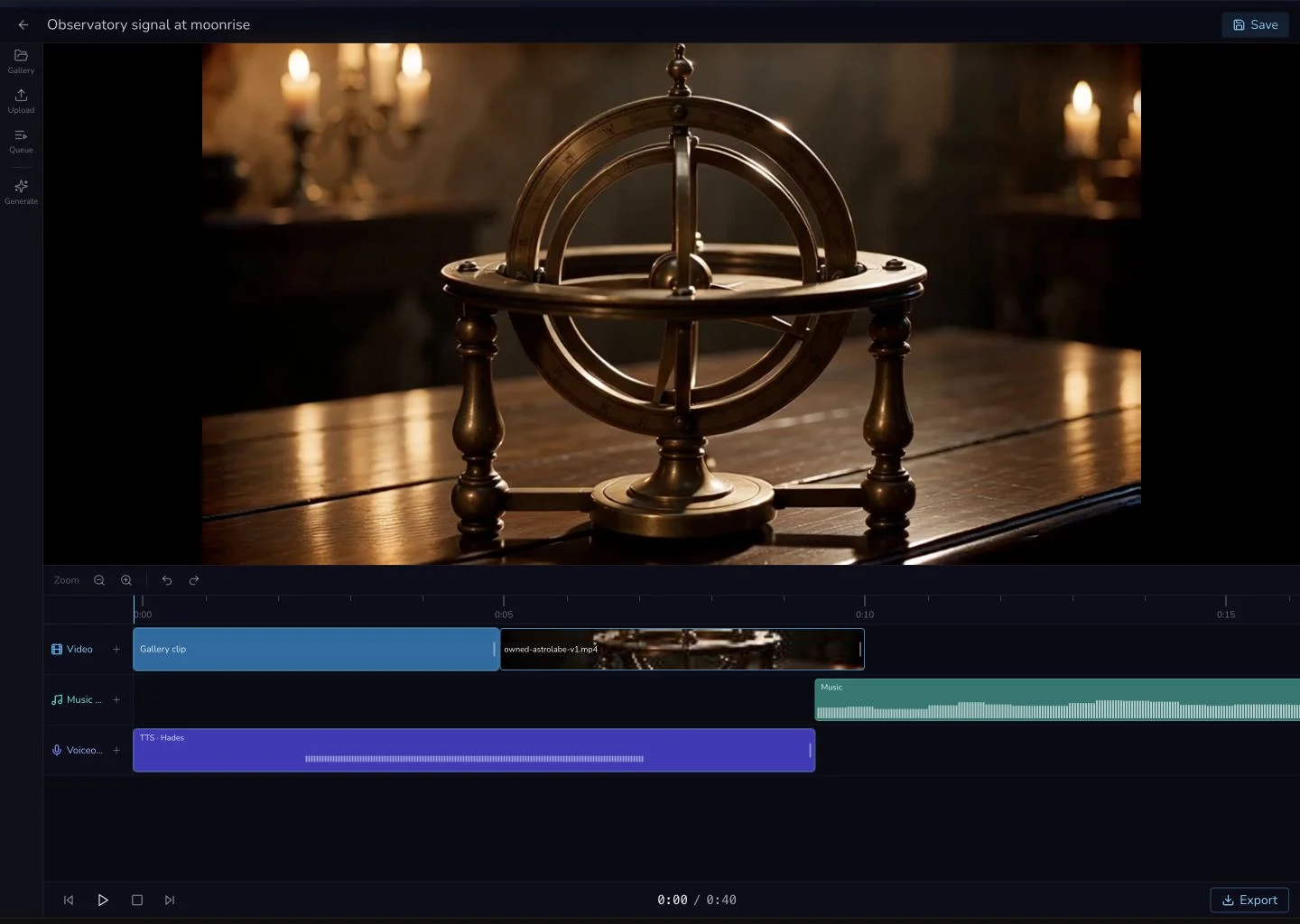 Completed Media Centre project with two clips on Video, a music waveform on Music and SFX, and a TTS Hades clip on Voiceover.