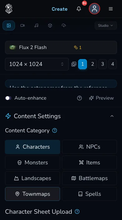 Mobile Image Studio with Flux 2 Flash selected, a 1024 by 1024 canvas, Count 1 and Content Settings visible.