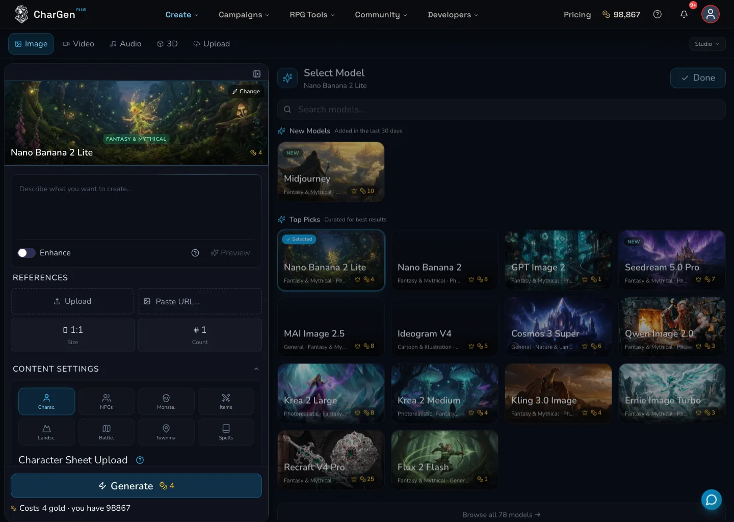 Desktop Select Model picker in grid view, with Search models, a selected Nano Banana 2 Lite card and visible model cards including GPT Image 2, Seedream 5.0 Pro and Flux 2 Flash.