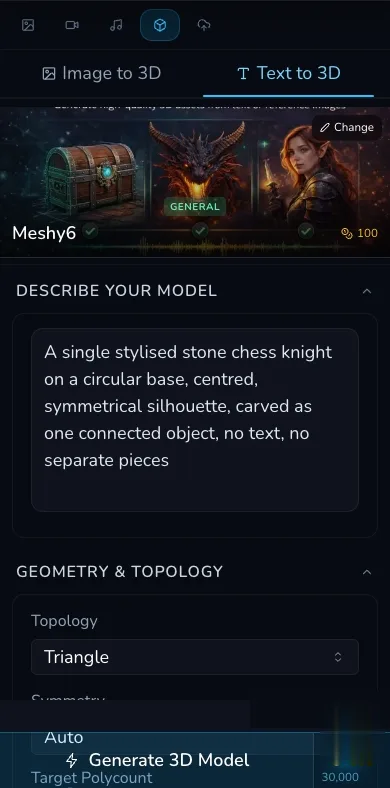 Mobile 3D Studio with Text to 3D selected, Meshy6 priced at 100 Gold, the stone chess-knight prompt, Triangle topology, Auto symmetry and a 30000 target polycount.