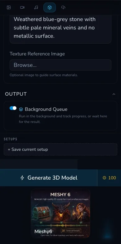 Mobile 3D Studio with Background Queue switched on and the Meshy6 Generate 3D Model action showing 100 Gold.