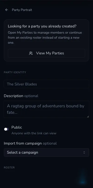 Mobile Party Portrait creation form showing the party name, description, Public control and optional campaign selector.