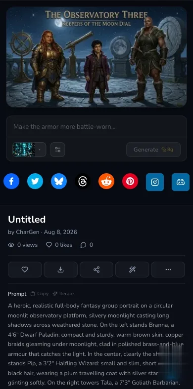Mobile result view showing the complete Observatory Three portrait, download controls and the submitted scene prompt.