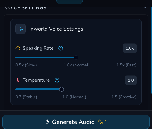 Inworld Voice Settings showing speaking rate 1.0x, temperature 1.0 and a Generate Audio footer estimate of 1 Gold.