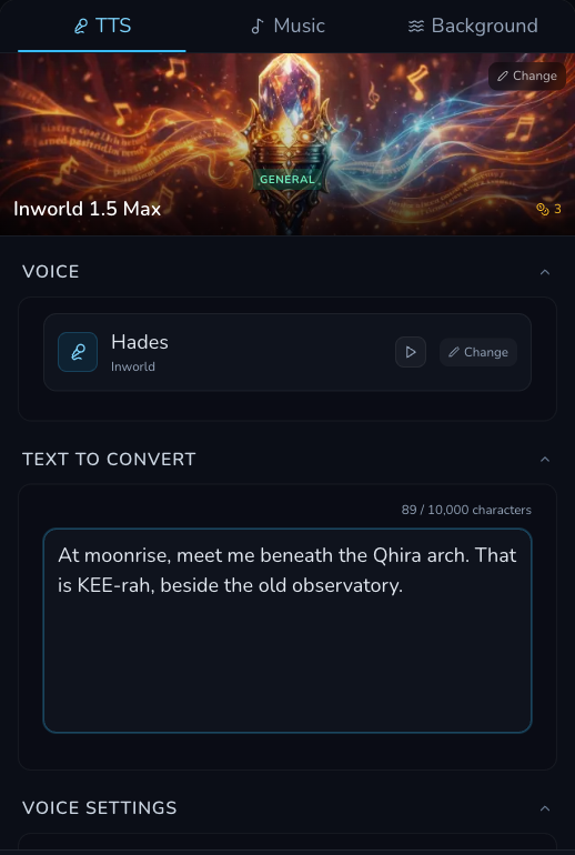 Desktop Audio Studio TTS workspace showing Inworld 1.5 Max, the Hades stock voice, Text to Convert and a 10,000-character counter.