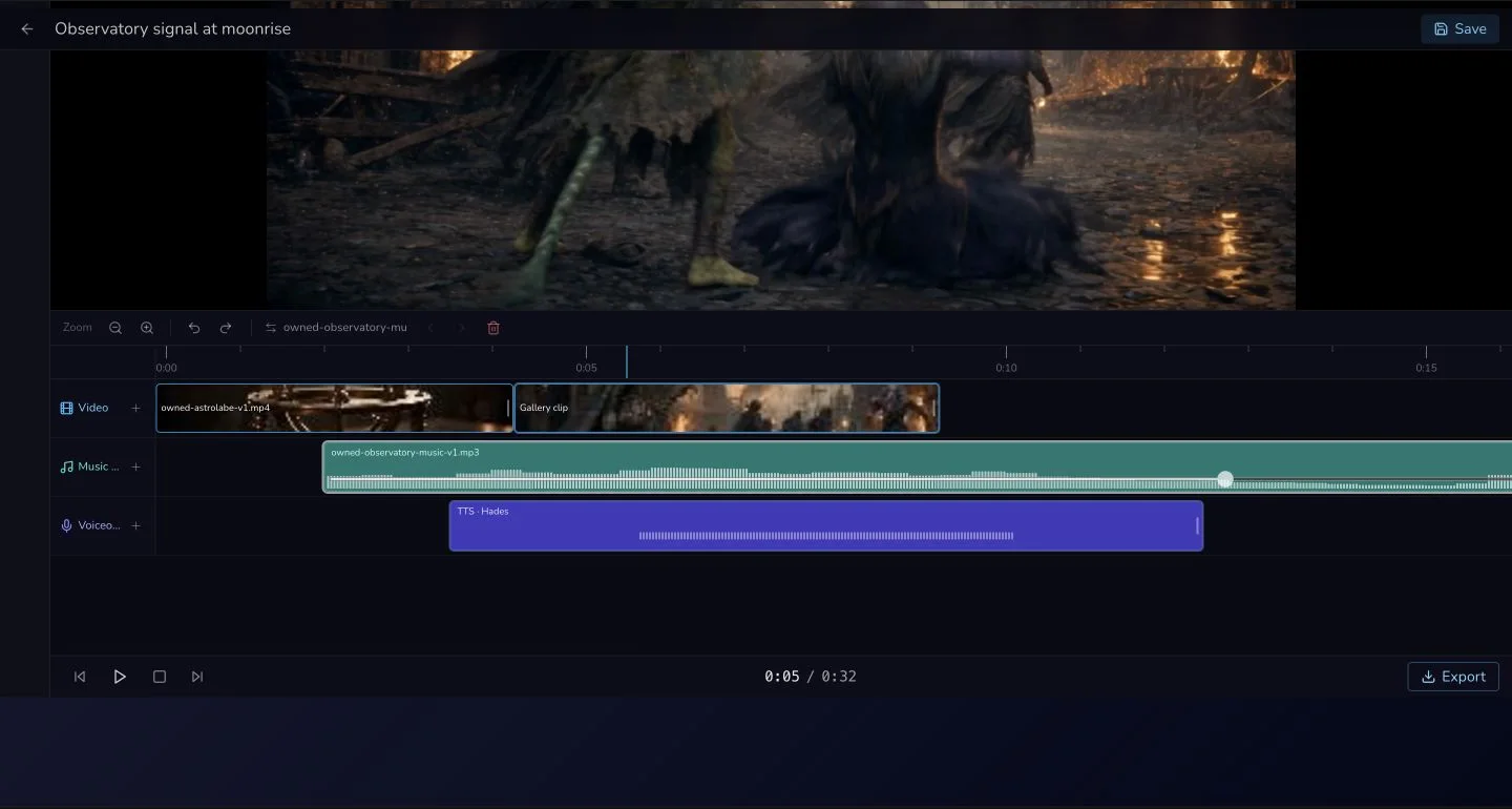 Desktop Media Centre timeline with Music beginning at two seconds, Voiceover beginning at three and a half seconds, and the Music volume control selected.