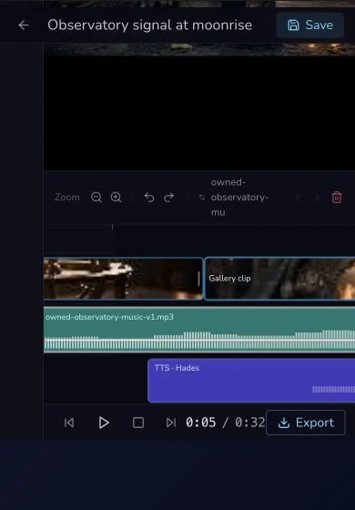 Narrow Media Centre timeline showing the Video, Music and Voiceover clips with transport and Export controls.