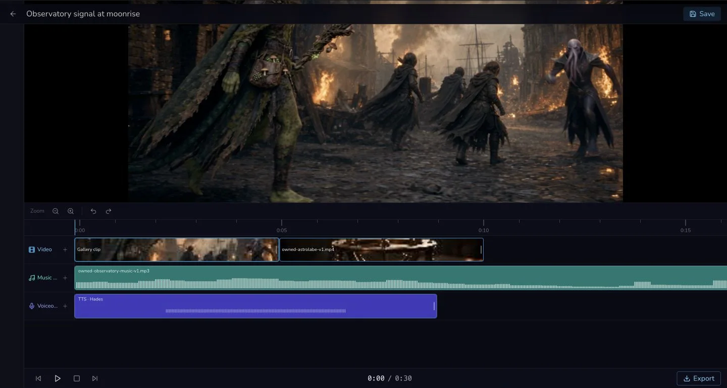 Desktop Media Centre timeline with two sequential Video clips, a Music track, a Voiceover track, transport controls, zoom, undo and redo.