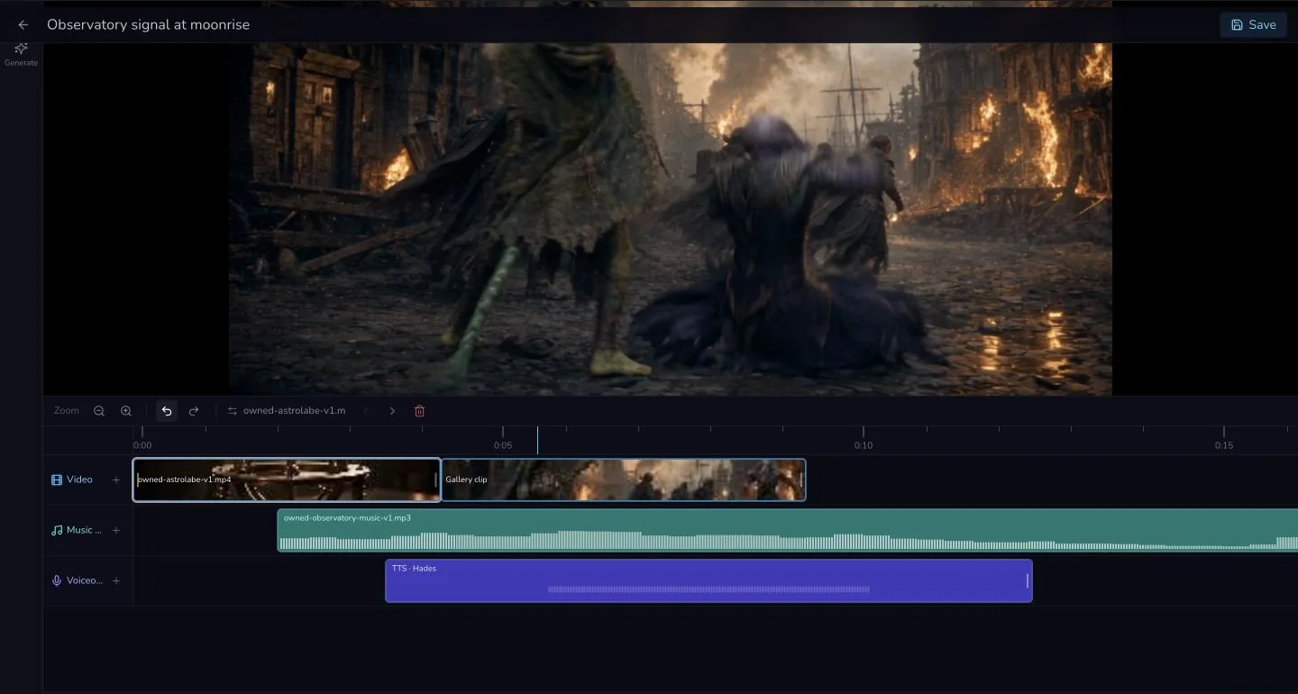 Desktop Media Centre after the astrolabe video is moved before the Gallery video, with the playhead just after the recalculated cut.