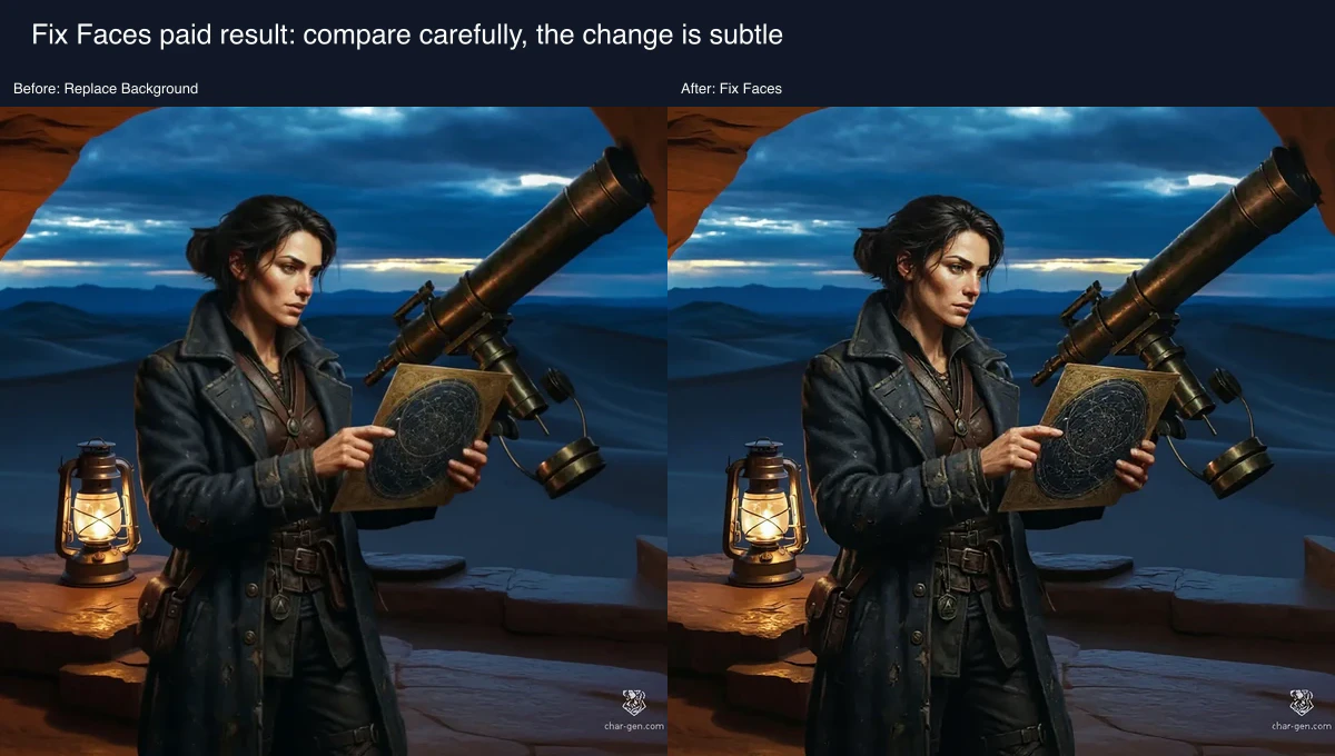 Desktop before-and-after view compares the Replace Background portrait with a subtly repaired Fix Faces result.