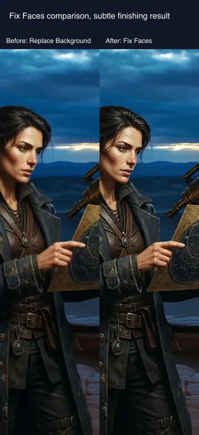 Mobile before-and-after crop compares the Replace Background portrait and the subtly repaired Fix Faces result.