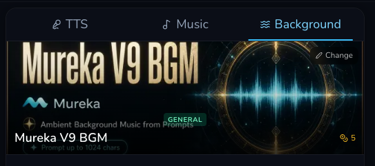 Desktop Audio Studio tab bar with TTS, Music and Background, and Mureka V9 BGM selected in Background.