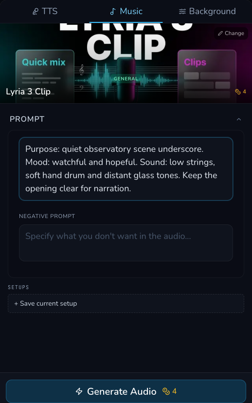 Lyria 3 Clip Music form with a quiet observatory prompt and a 4 Gold Generate Audio footer estimate.