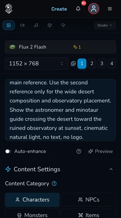 Mobile Image Studio form with Flux 2 Flash selected and model-specific content settings visible beneath the reference area.