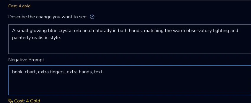 Desktop Spot Edit controls show the blue crystal orb change description, Negative Prompt and a 4 Gold display.