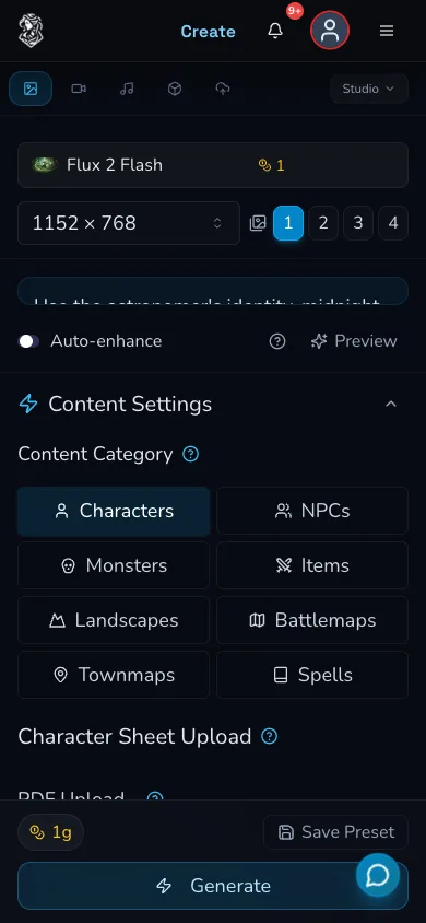 Mobile Image Studio form after reload with Flux 2 Flash selected, Content Settings open, a Save Preset action and Generate button visible.