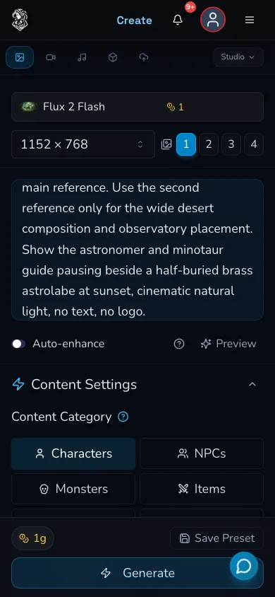 Mobile Image Studio form showing the controlled astrolabe scene prompt with Flux 2 Flash, 1152 by 768 landscape size and Count 1.