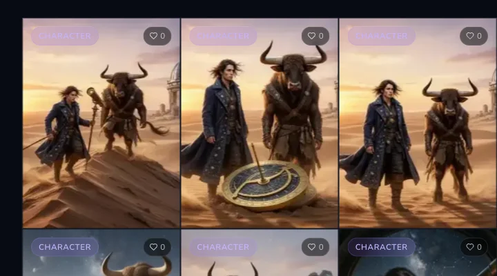 Desktop comparison of three desert images featuring a dark-haired astronomer in a midnight-blue coat and a horned minotaur guide in different scenes.