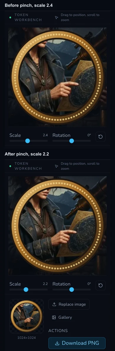 Mobile Token Maker before-and-after view shows the circular token crop at scales 2.4 and 2.2.