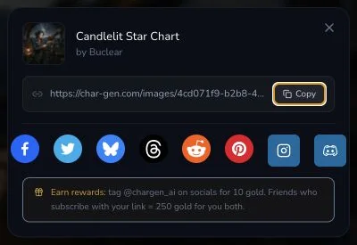 Share dialog for Candlelit Star Chart shows a query-free visible result path and the Copy control.