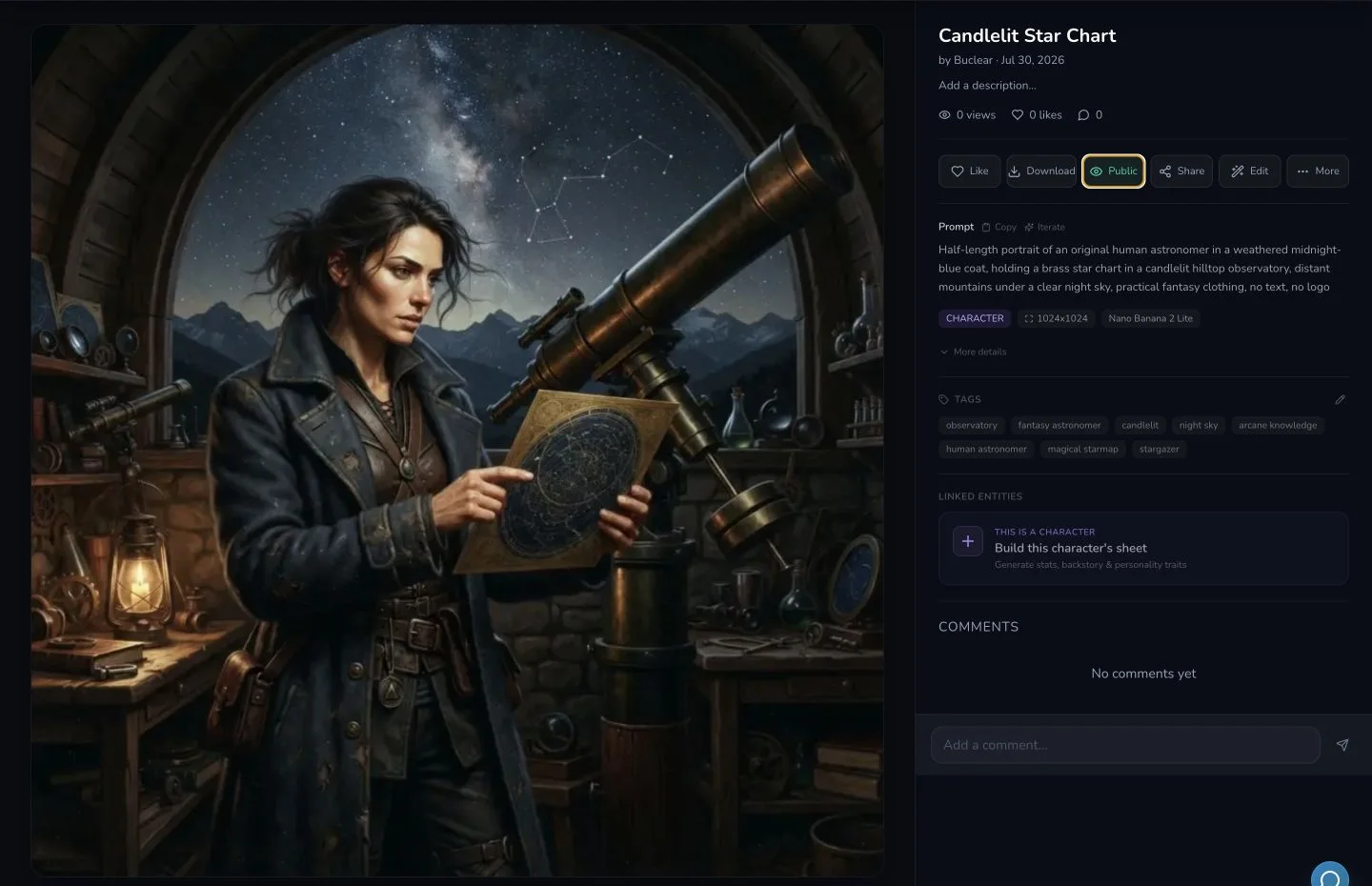 Desktop result detail shows the owned image with its visibility control restored to Public.