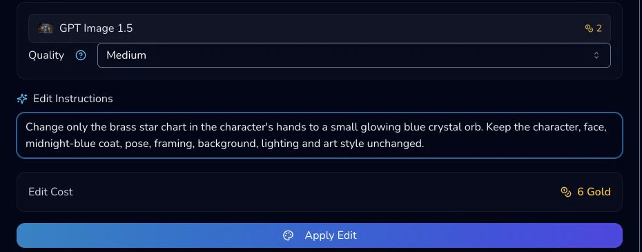Desktop Quick Edit controls show GPT Image 1.5, Medium quality and an instruction to change the chart detail to a glowing blue crystal orb.