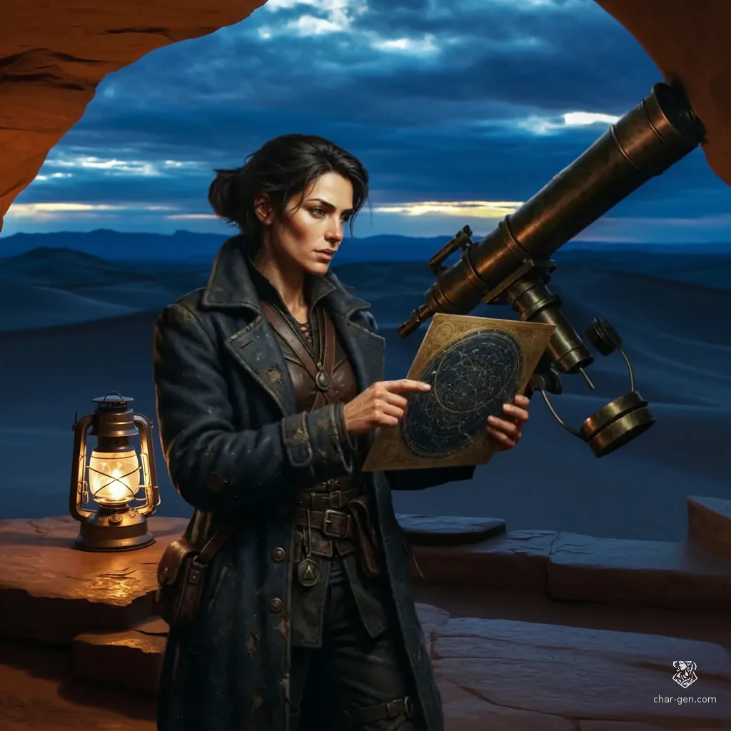 Completed Replace Background result places the character in a desert observatory at blue hour.