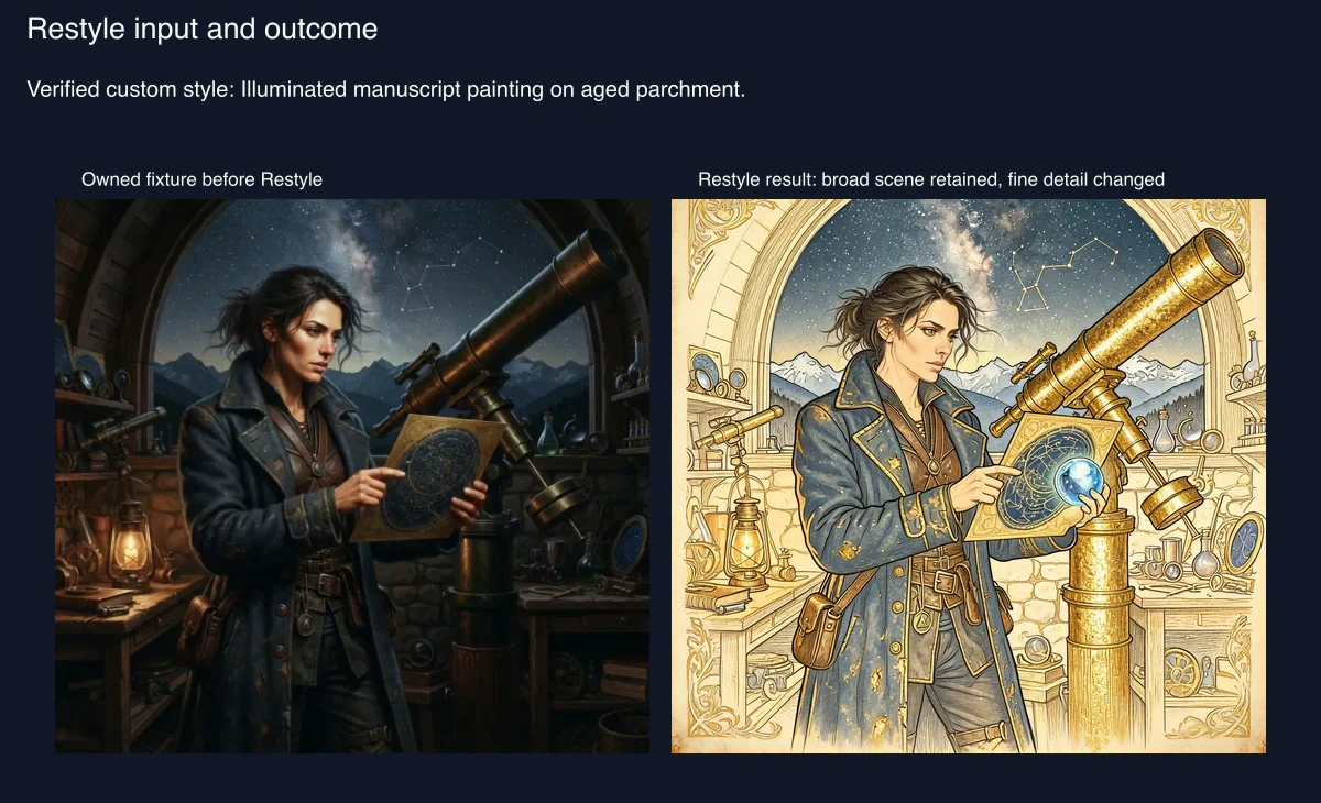 Desktop Restyle comparison places the Candlelit Star Chart source beside the illuminated-manuscript outcome.
