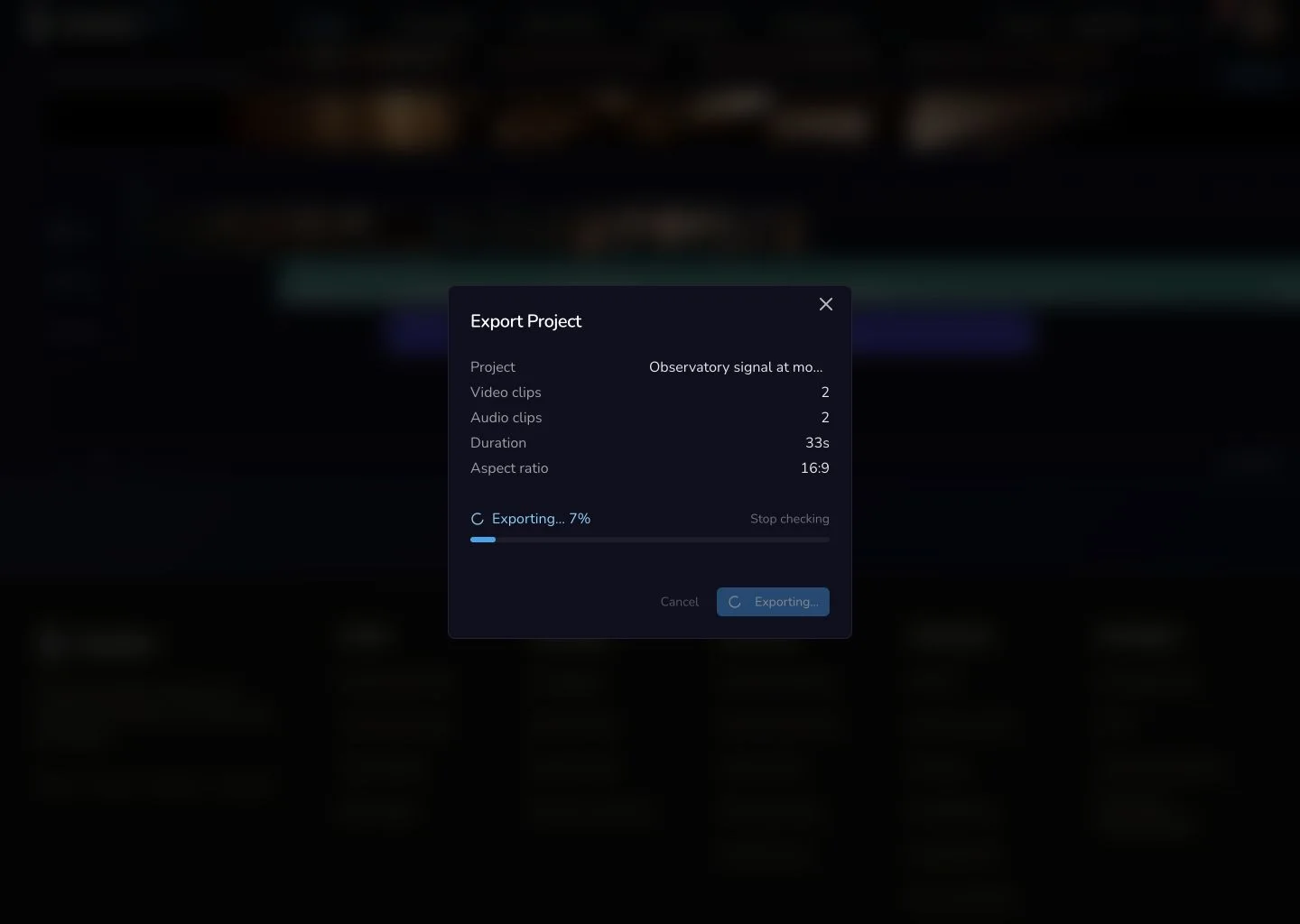 Media Centre Export Project dialog showing two video clips, two audio clips, 16 by 9 output and export progress at seven percent.