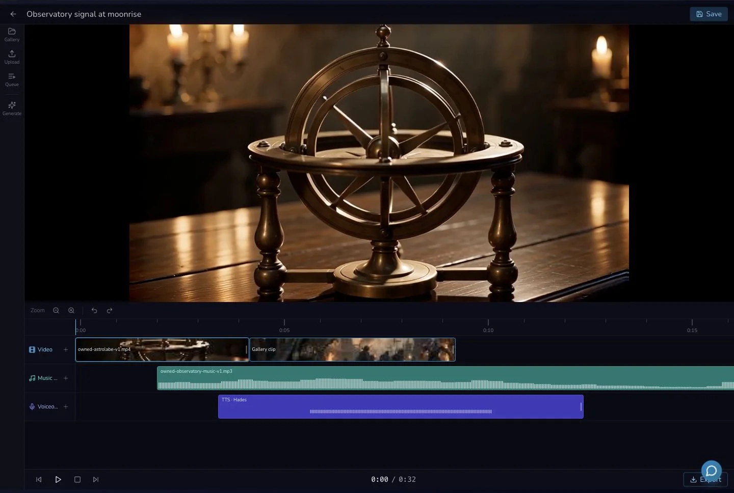 Desktop Media Centre project with the Save control, preview and completed Video, Music and Voiceover timeline visible.