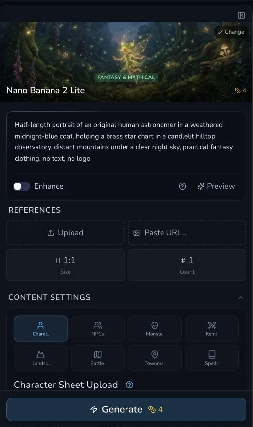 Desktop Image Studio settings show Nano Banana 2 Lite, a fictional astronomer prompt, 1:1 size, count one and a 4 Gold Generate estimate.