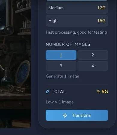 Mobile Transform controls show Low quality, Count 1, a 5 Gold estimate and the submission action.