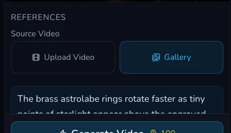 Desktop video form crop showing Source Video upload controls, an astrolabe motion prompt and a 100 Gold submit amount.