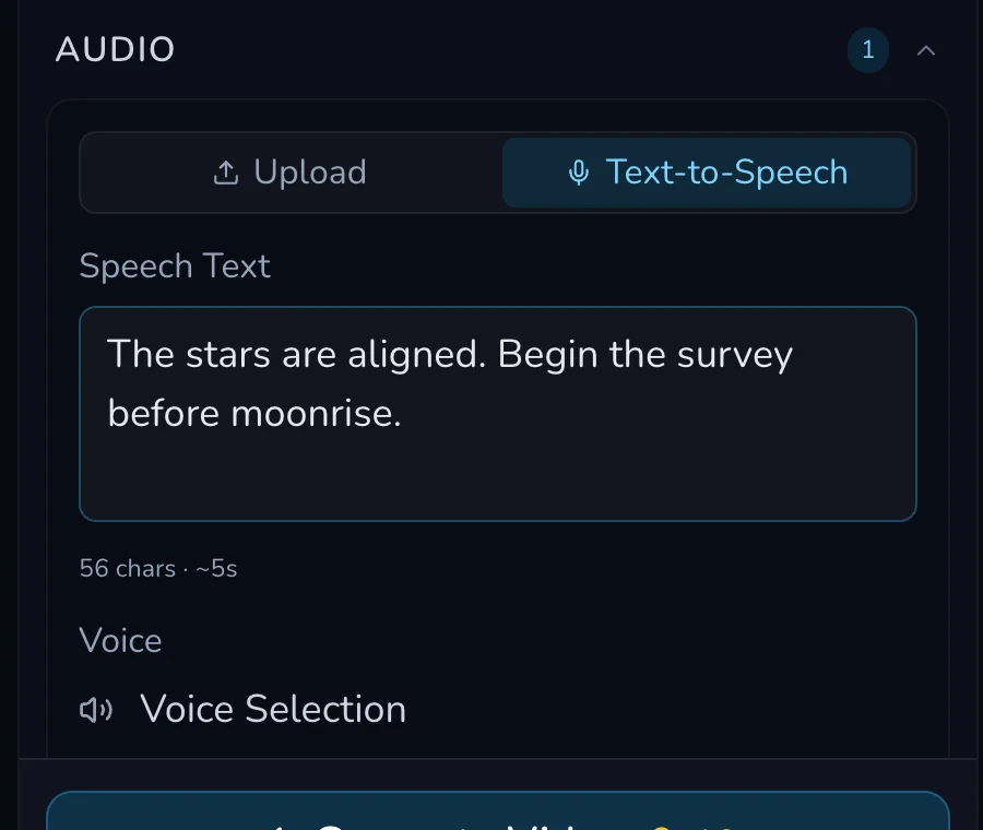 Desktop Portrait Audio panel with Upload and Text-to-Speech choices, reviewed speech text and voice selection.