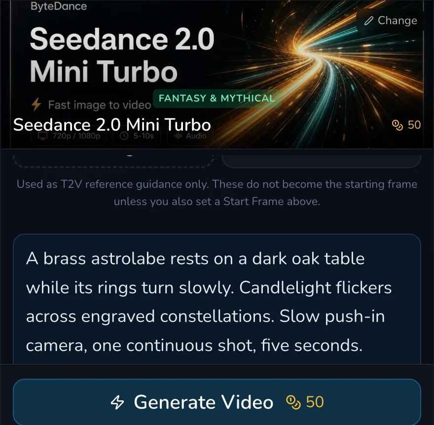 Mobile video form crop showing the Seedance 2.0 Mini Turbo model card, astrolabe prompt and 50 Gold submit amount.