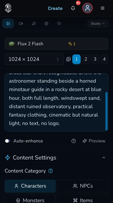 Mobile Flux 2 Flash form shows the controlled blue-hour rocky-desert revision, 1024 by 1024 size, count one and Auto-enhance off.