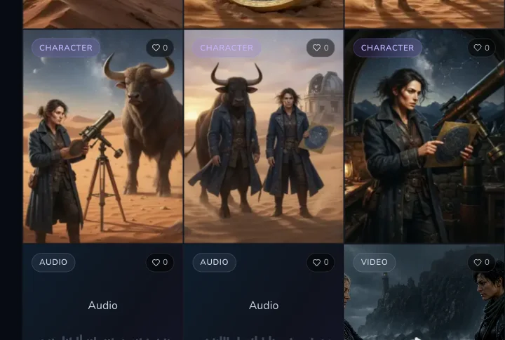 Desktop Gallery grid contains several reviewed desert images of an astronomer beside a horned minotaur, including varied framing and light.