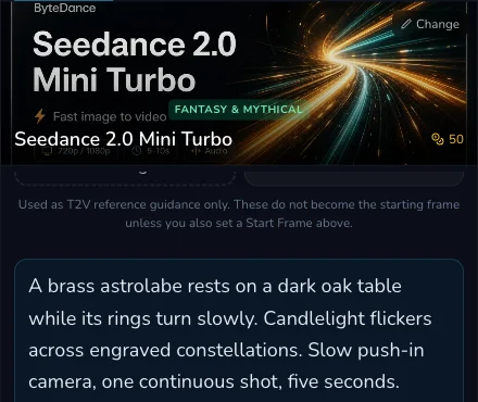 Desktop Video Create form showing prepared astrolabe prompt variant A with five-second landscape configuration.