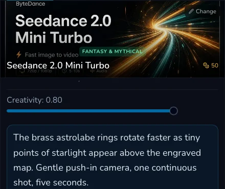 Desktop Video Create form showing prepared astrolabe prompt variant B with separate movement, camera and ending language.