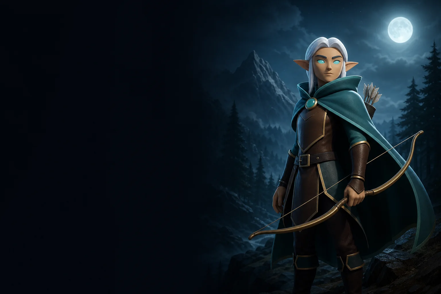 Silver-haired elven ranger under moonlight in a dark forest